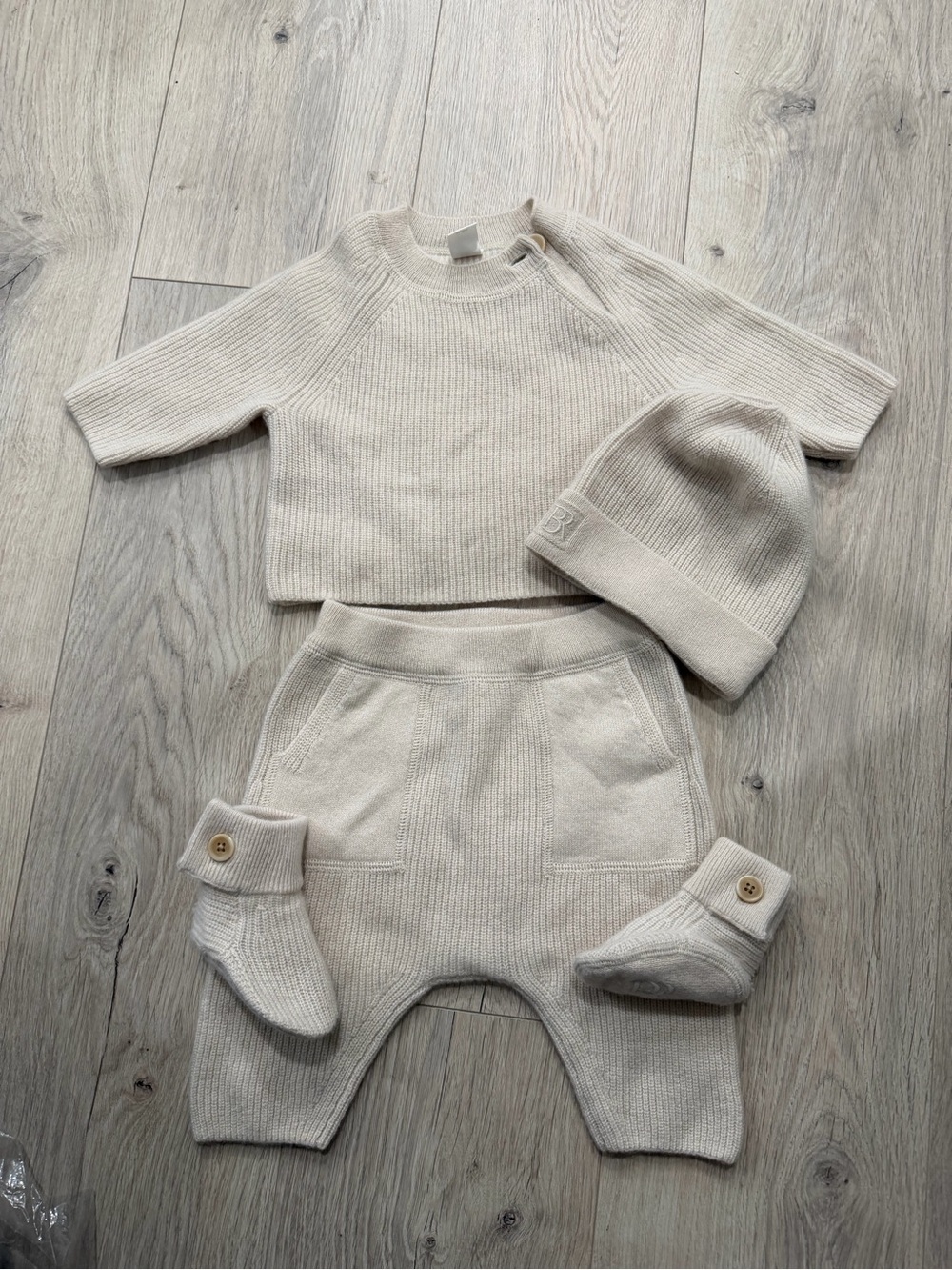 BR baby cashmere Neutral Cream Knit Baby Set - Hat, Top, Pants & Booties